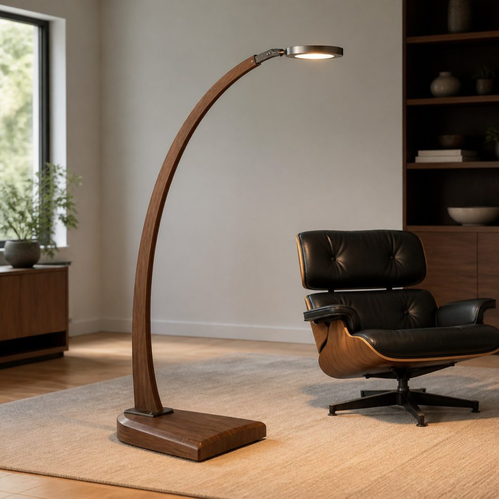 Walnut Arc Reading Floor Lamp shown as an original square photorealistic wooden reading floor lamp with real wood grain, warm LED light, and physically plausible support