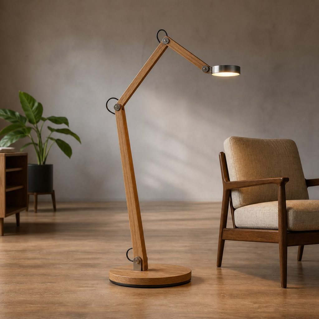 White-Oak Swing-Arm Reading Lamp shown as an original square photorealistic wooden reading floor lamp with real wood grain, warm LED light, and physically plausible support