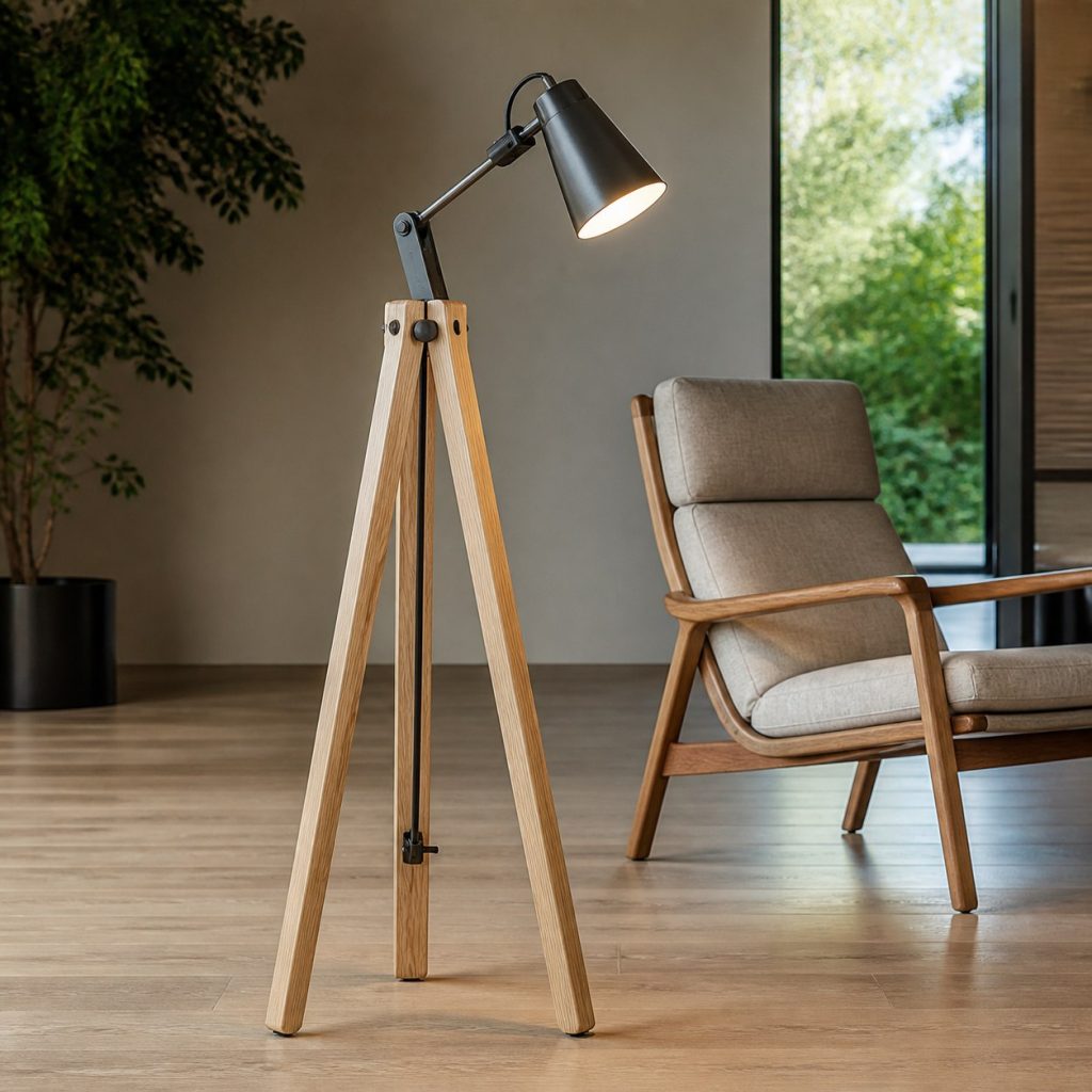 Ash Tripod Reading Lamp shown as an original square photorealistic wooden reading floor lamp with real wood grain, warm LED light, and physically plausible support