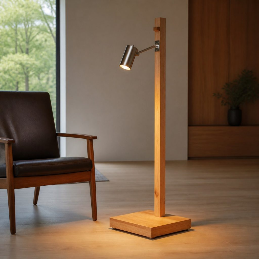 Maple Column Reading Lamp shown as an original square photorealistic wooden reading floor lamp with real wood grain, warm LED light, and physically plausible support