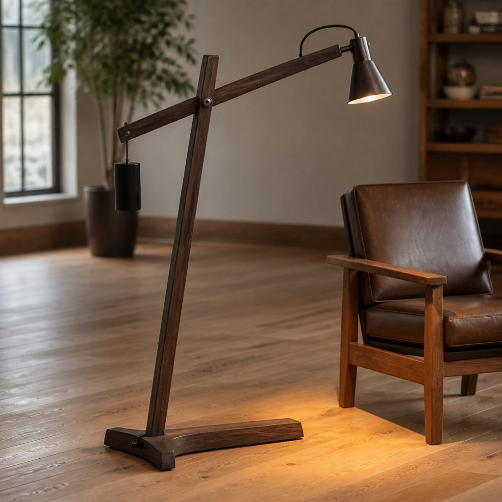 Dark-Oak Counterbalanced Reading Lamp shown as an original square photorealistic wooden reading floor lamp with real wood grain, warm LED light, and physically plausible support