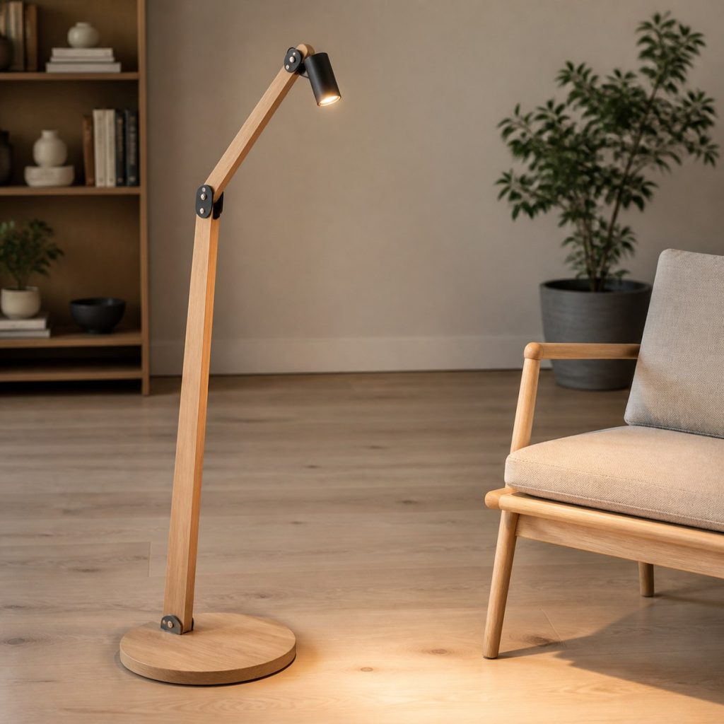 Scandinavian Beech Reading Lamp shown as an original square photorealistic wooden reading floor lamp with real wood grain, warm LED light, and physically plausible support
