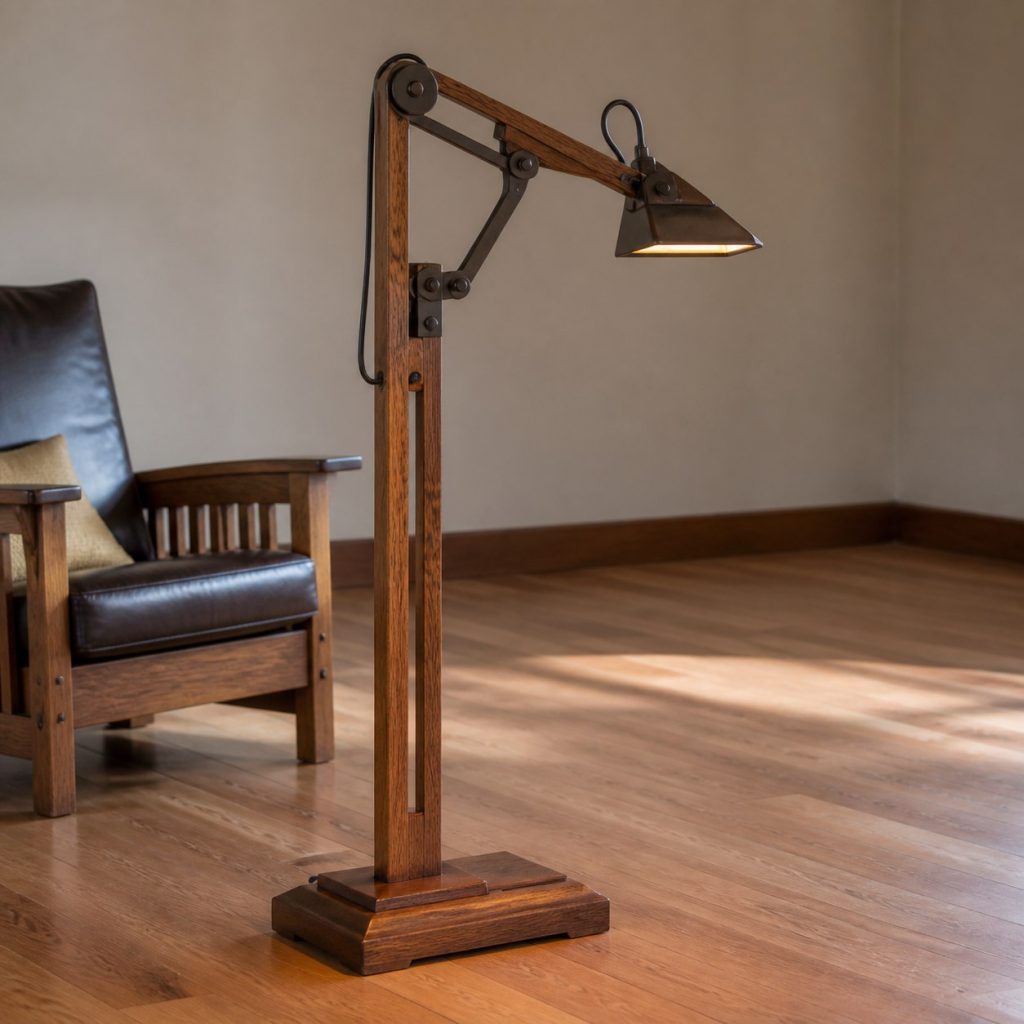 Mission Oak Reading Lamp shown as an original square photorealistic wooden reading floor lamp with real wood grain, warm LED light, and physically plausible support