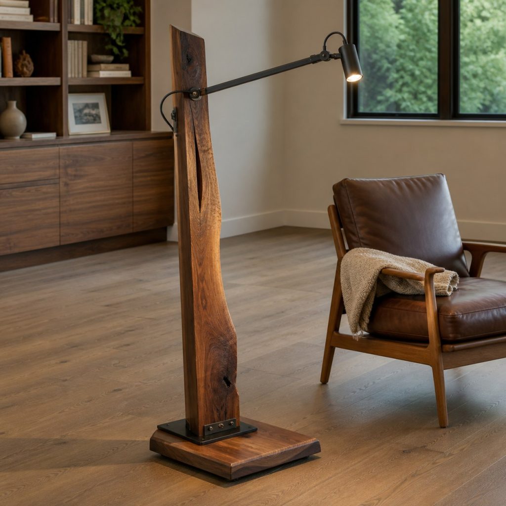Live-Edge Walnut Reading Lamp shown as an original square photorealistic wooden reading floor lamp with real wood grain, warm LED light, and physically plausible support