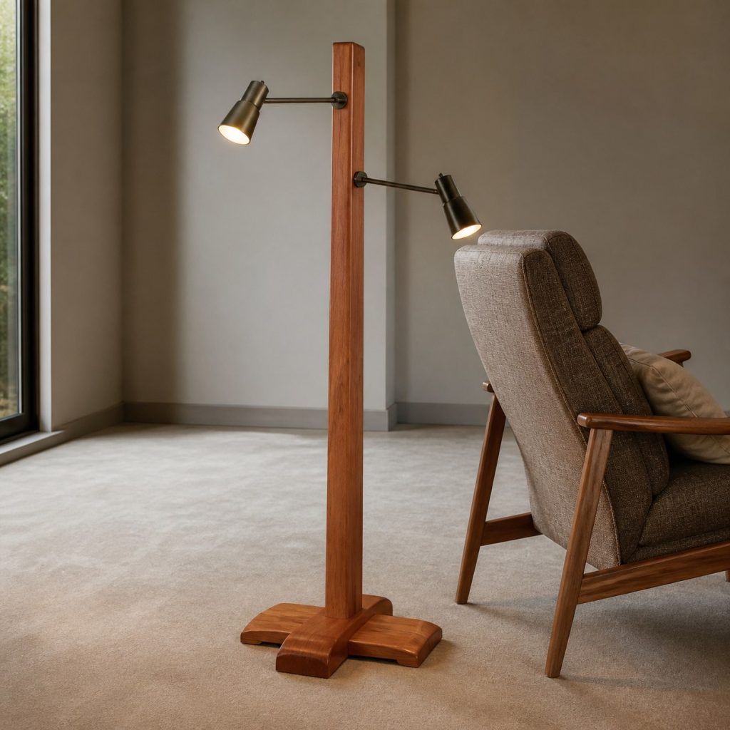 Two-Head Cherry Reading Lamp shown as an original square photorealistic wooden reading floor lamp with real wood grain, warm LED light, and physically plausible support