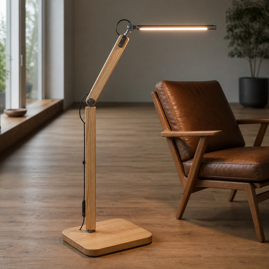 Low Oak Lounge-Side Reading Lamp shown as an original square photorealistic wooden reading floor lamp with real wood grain, warm LED light, and physically plausible support