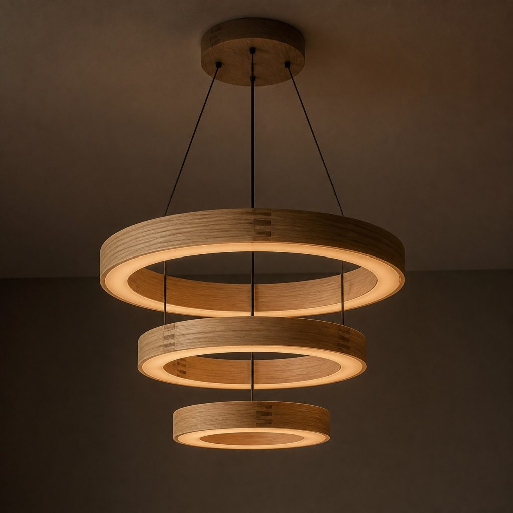 Descending White-Oak Ring Cluster shown as an original square photorealistic ceiling-suspended wooden ring pendant light dominated by authentic wood texture and warm diffused light