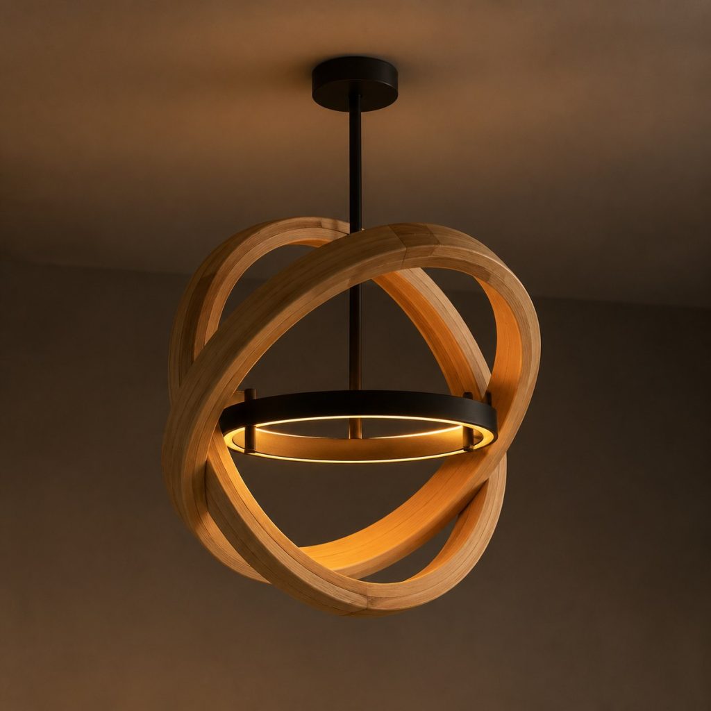 Intersecting Ash Ring Pendant shown as an original square photorealistic ceiling-suspended wooden ring pendant light dominated by authentic wood texture and warm diffused light