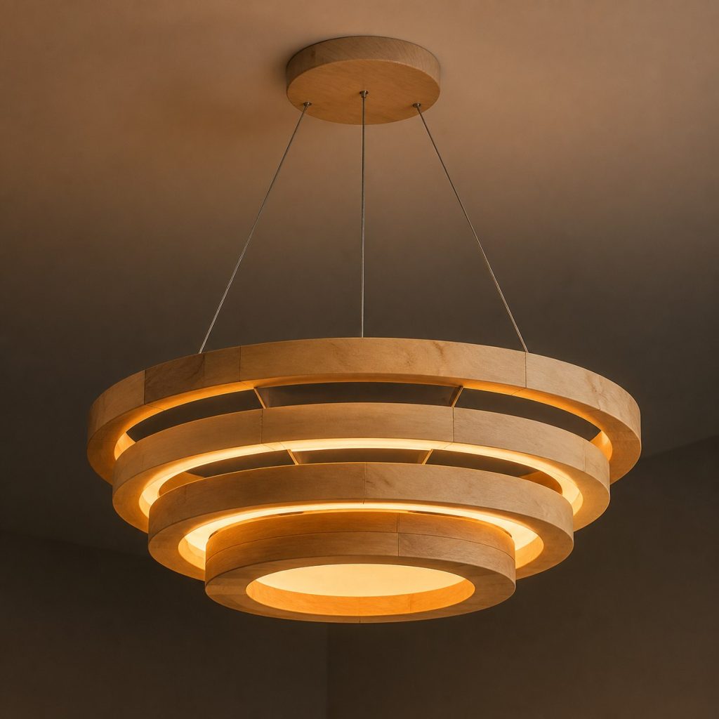 Layered Maple Concentric-Ring Pendant shown as an original square photorealistic ceiling-suspended wooden ring pendant light dominated by authentic wood texture and warm diffused light