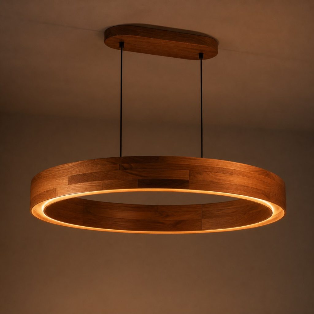 Cherry Oval-Ring Pendant shown as an original square photorealistic ceiling-suspended wooden ring pendant light dominated by authentic wood texture and warm diffused light