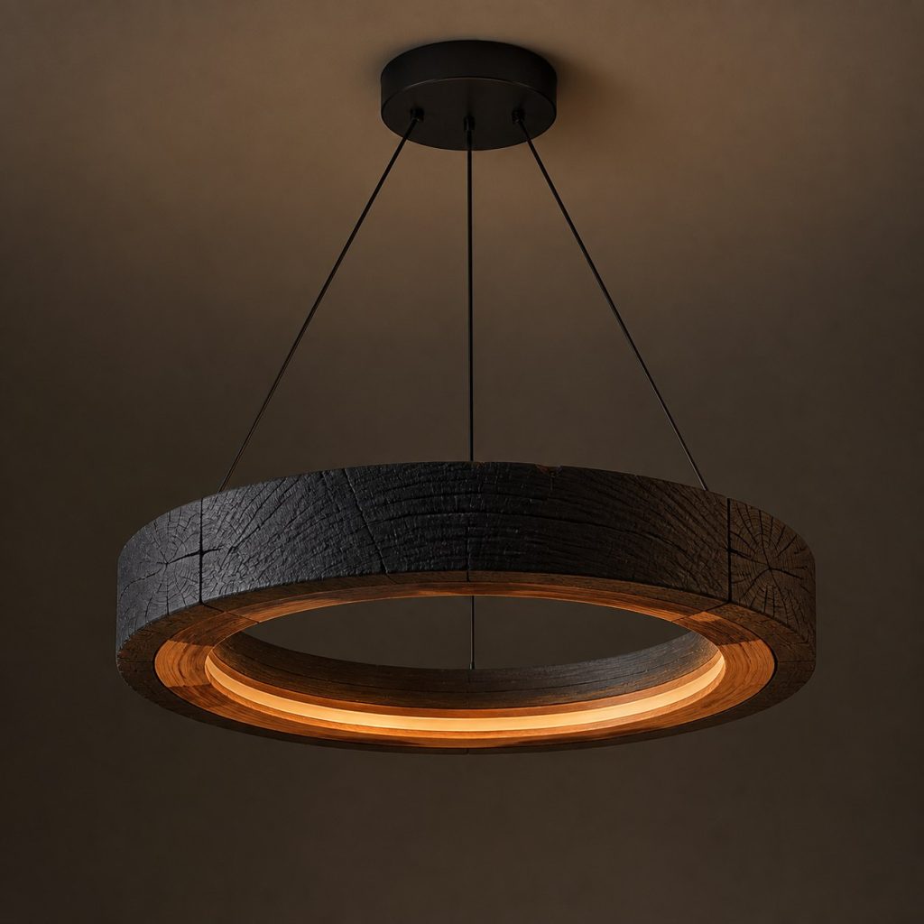 Charred-Oak Ring Pendant shown as an original square photorealistic ceiling-suspended wooden ring pendant light dominated by authentic wood texture and warm diffused light