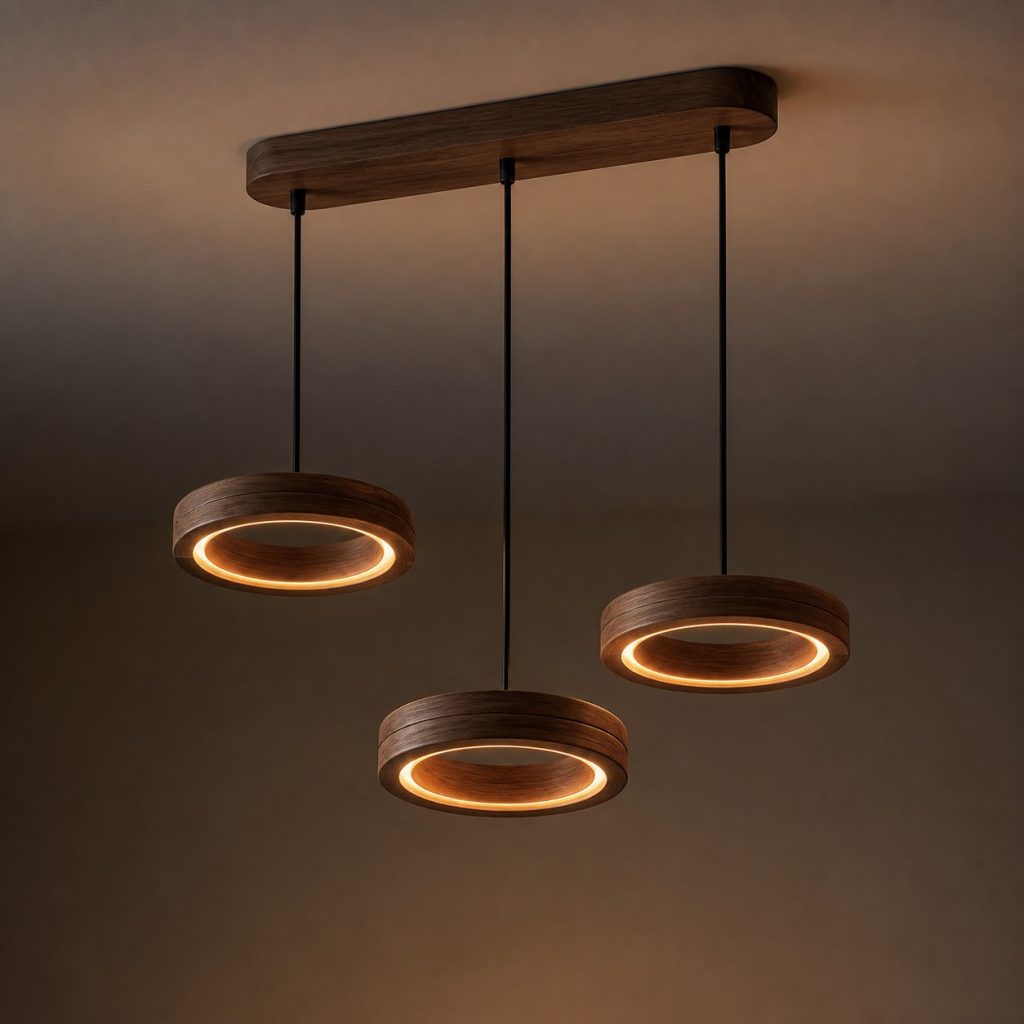 Three-Walnut-Ring Pendant Set shown as an original square photorealistic ceiling-suspended wooden ring pendant light dominated by authentic wood texture and warm diffused light