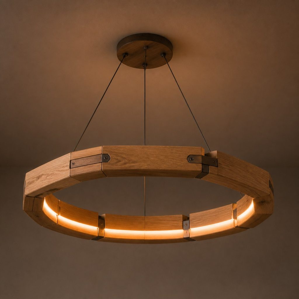 White-Oak Polygon-Ring Pendant shown as an original square photorealistic ceiling-suspended wooden ring pendant light dominated by authentic wood texture and warm diffused light