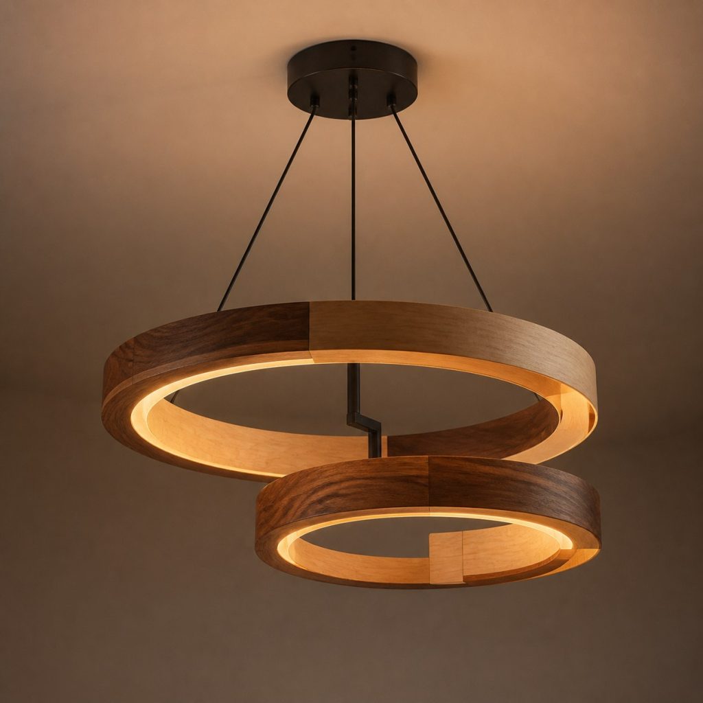 Two-Tone Double-Ring Pendant shown as an original square photorealistic ceiling-suspended wooden ring pendant light dominated by authentic wood texture and warm diffused light