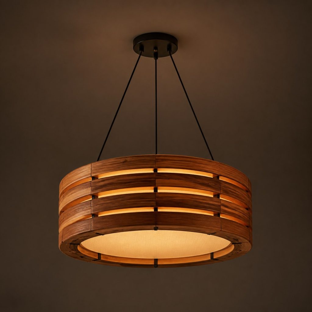 Cedar Slatted-Ring Pendant shown as an original square photorealistic ceiling-suspended wooden ring pendant light dominated by authentic wood texture and warm diffused light