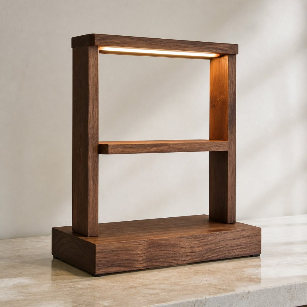 Walnut Tabletop Shelf Lamp shown as an original square photorealistic wooden shelf lamp with real wood grain, warm LED light, and physically plausible support