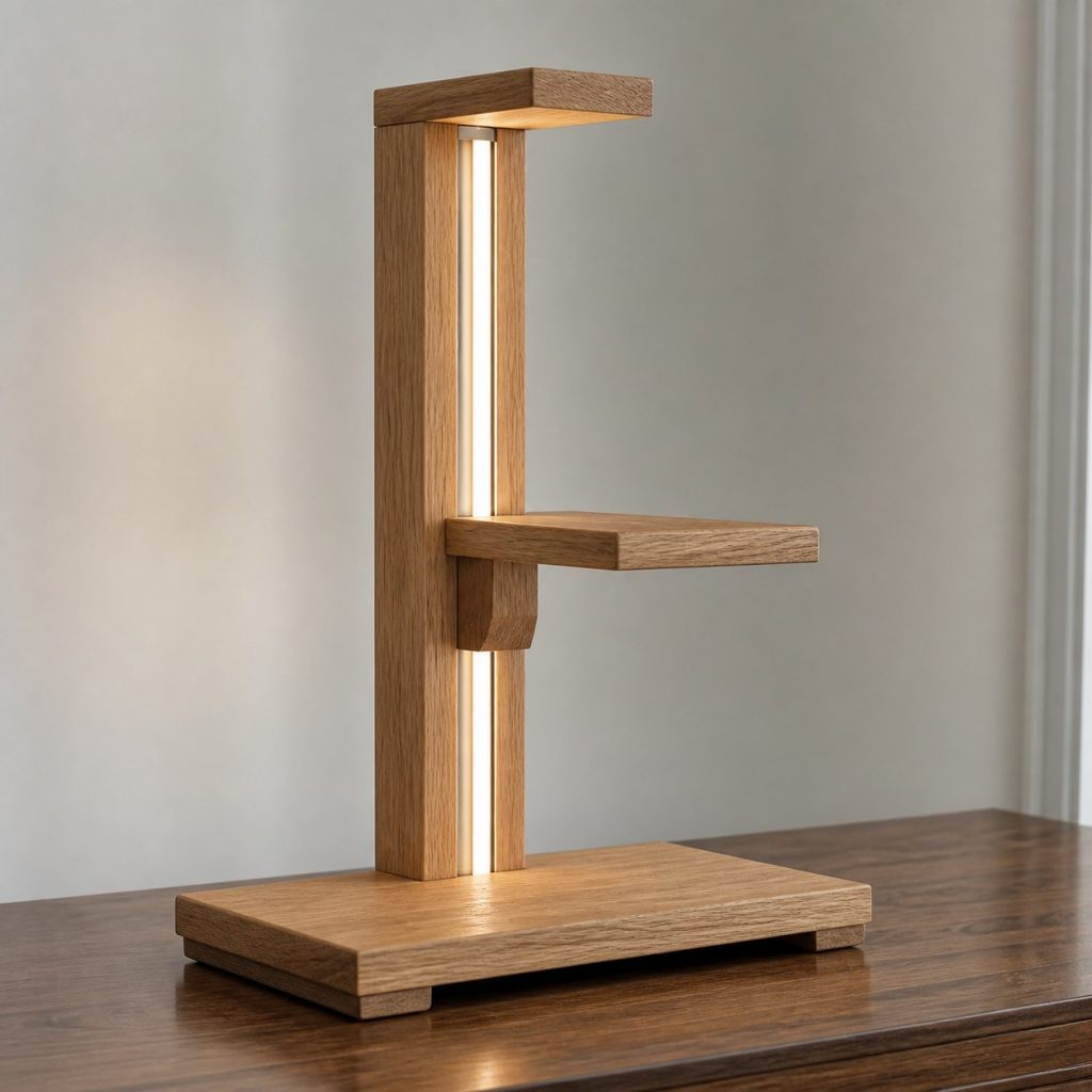 White-Oak Bookend Shelf Lamp shown as an original square photorealistic wooden shelf lamp with real wood grain, warm LED light, and physically plausible support