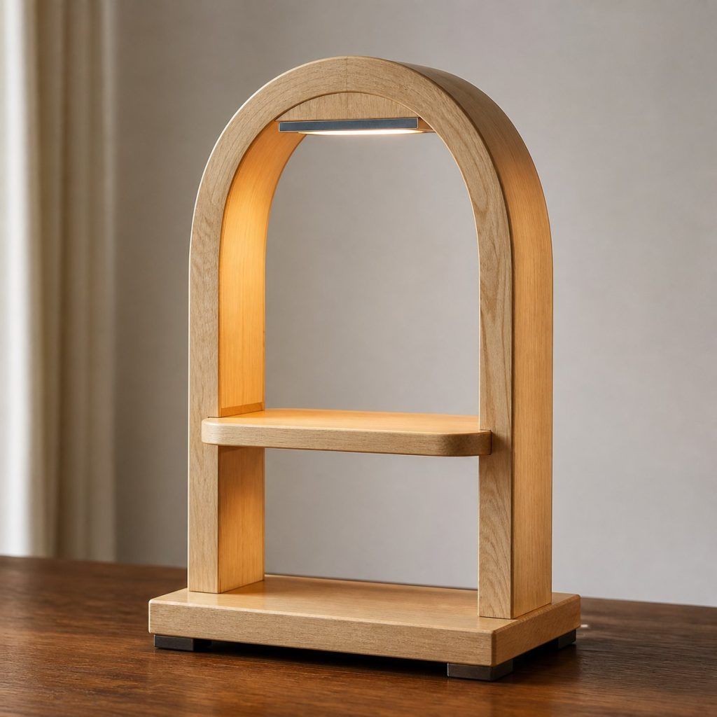 Maple Arch Shelf Lamp shown as an original square photorealistic wooden shelf lamp with real wood grain, warm LED light, and physically plausible support