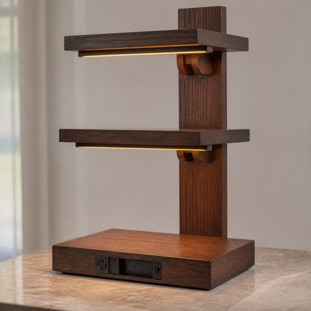 Dark-Oak Two-Tier Accent Lamp shown as an original square photorealistic wooden shelf lamp with real wood grain, warm LED light, and physically plausible support