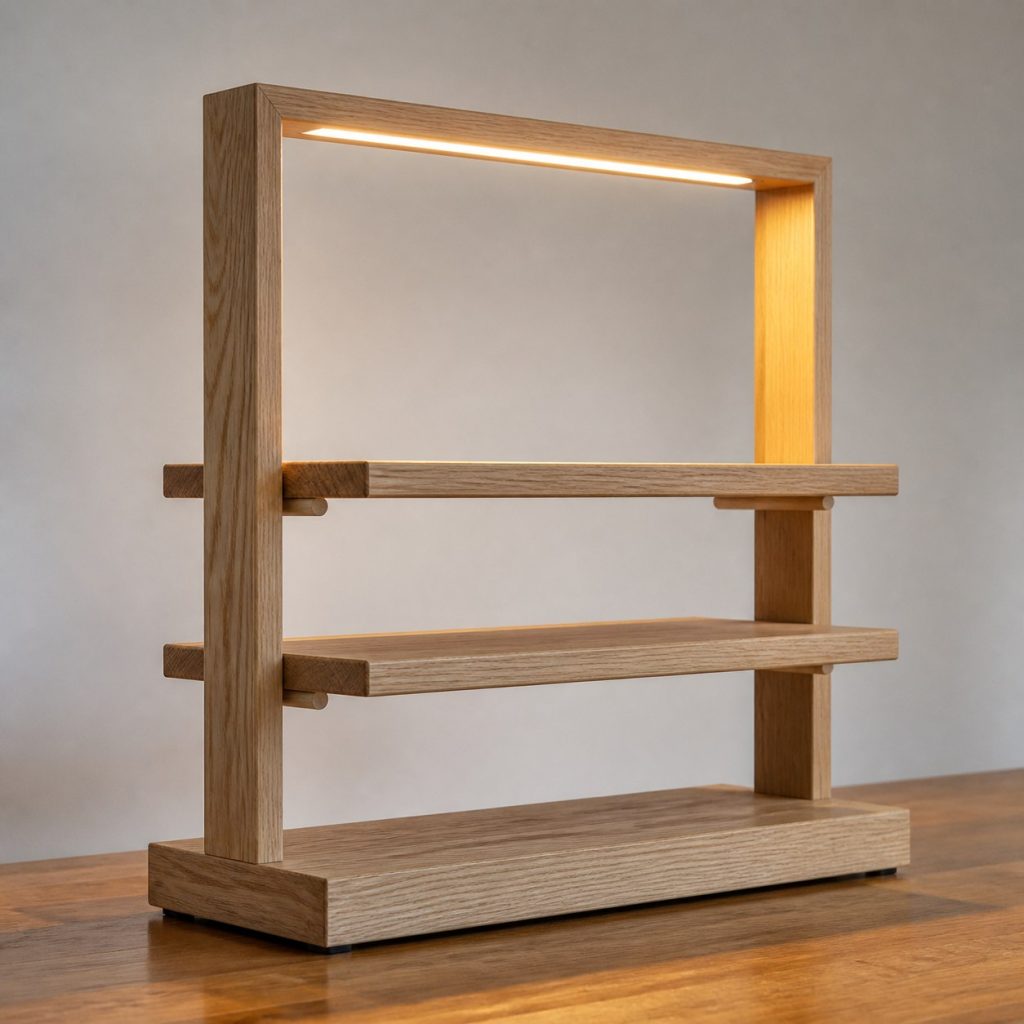 Ash Supported-Ledge Shelf Lamp shown as an original square photorealistic wooden shelf lamp with real wood grain, warm LED light, and physically plausible support