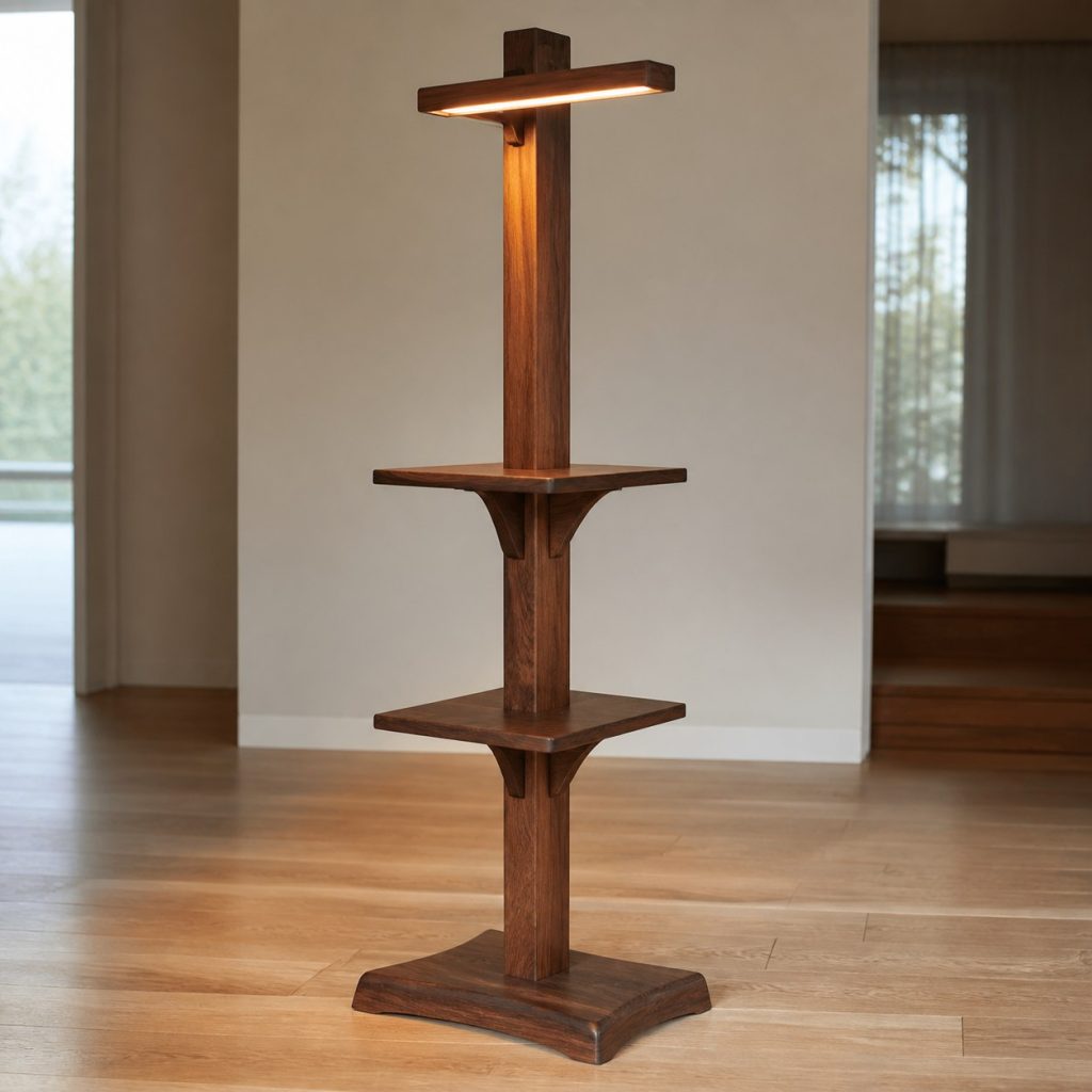 Tall Walnut Reading Shelf Lamp shown as an original square photorealistic wooden shelf lamp with real wood grain, warm LED light, and physically plausible support