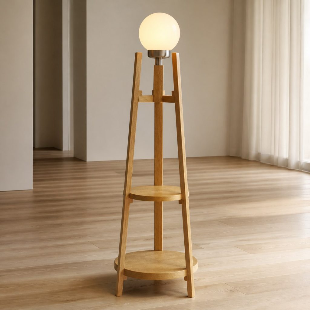 Scandinavian Oak Tray-Shelf Lamp shown as an original square photorealistic wooden shelf lamp with real wood grain, warm LED light, and physically plausible support