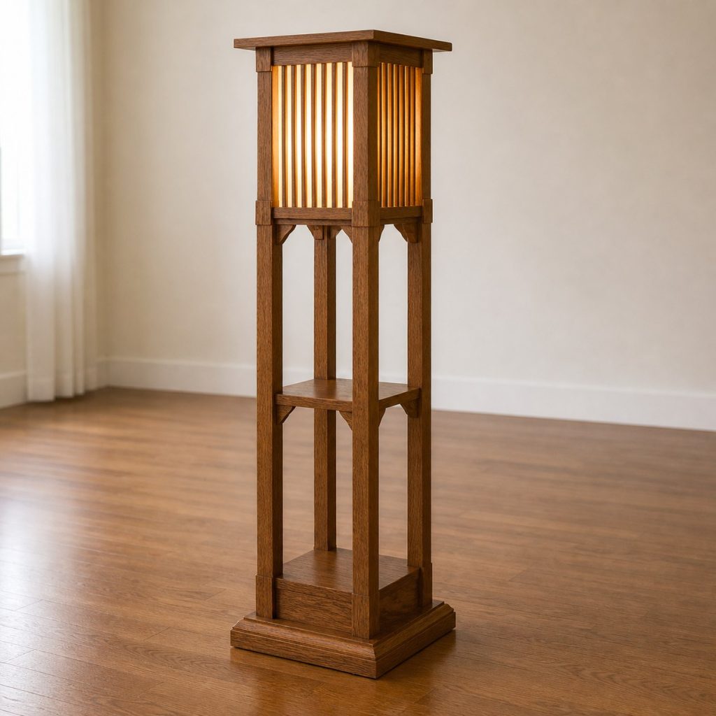 Mission Oak Shelf Floor Lamp shown as an original square photorealistic wooden shelf lamp with real wood grain, warm LED light, and physically plausible support