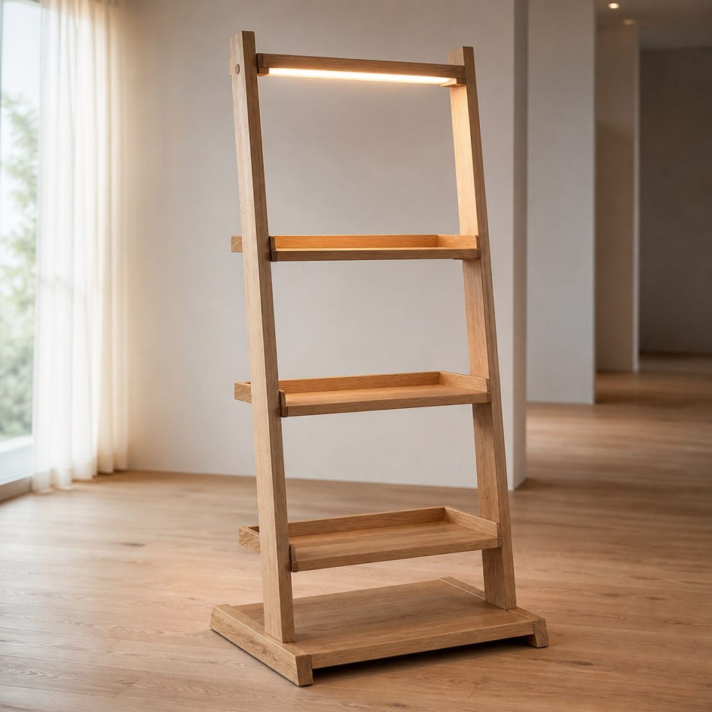 Ash Ladder-Style Shelf Lamp shown as an original square photorealistic wooden shelf lamp with real wood grain, warm LED light, and physically plausible support