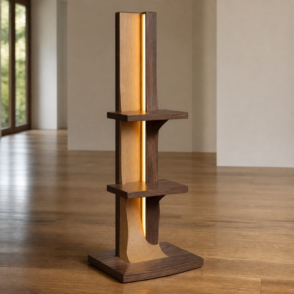 Two-Tone Vertical-Light Shelf Lamp shown as an original square photorealistic wooden shelf lamp with real wood grain, warm LED light, and physically plausible support