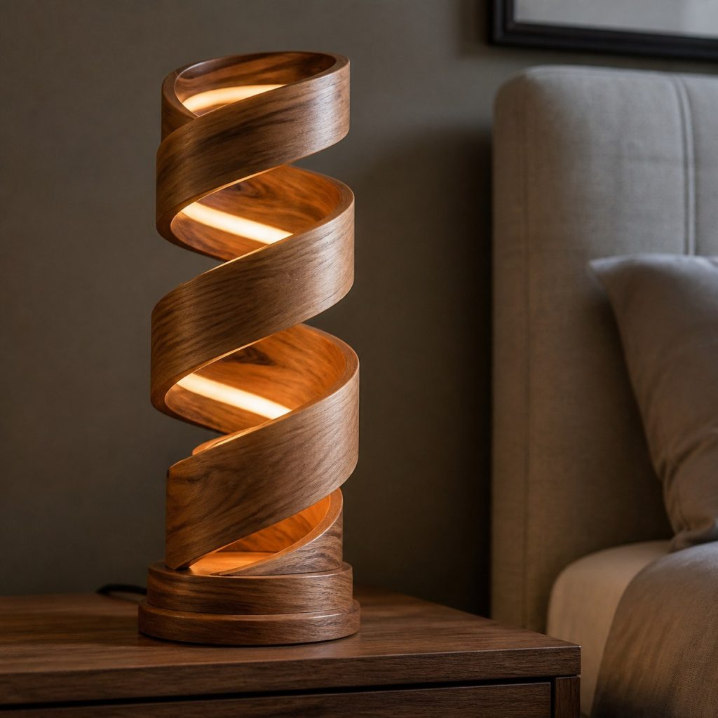 Walnut Helical Bedside Lamp shown as an original square photorealistic wooden spiral lamp with authentic wood grain, warm diffused light, and a short dark power cord
