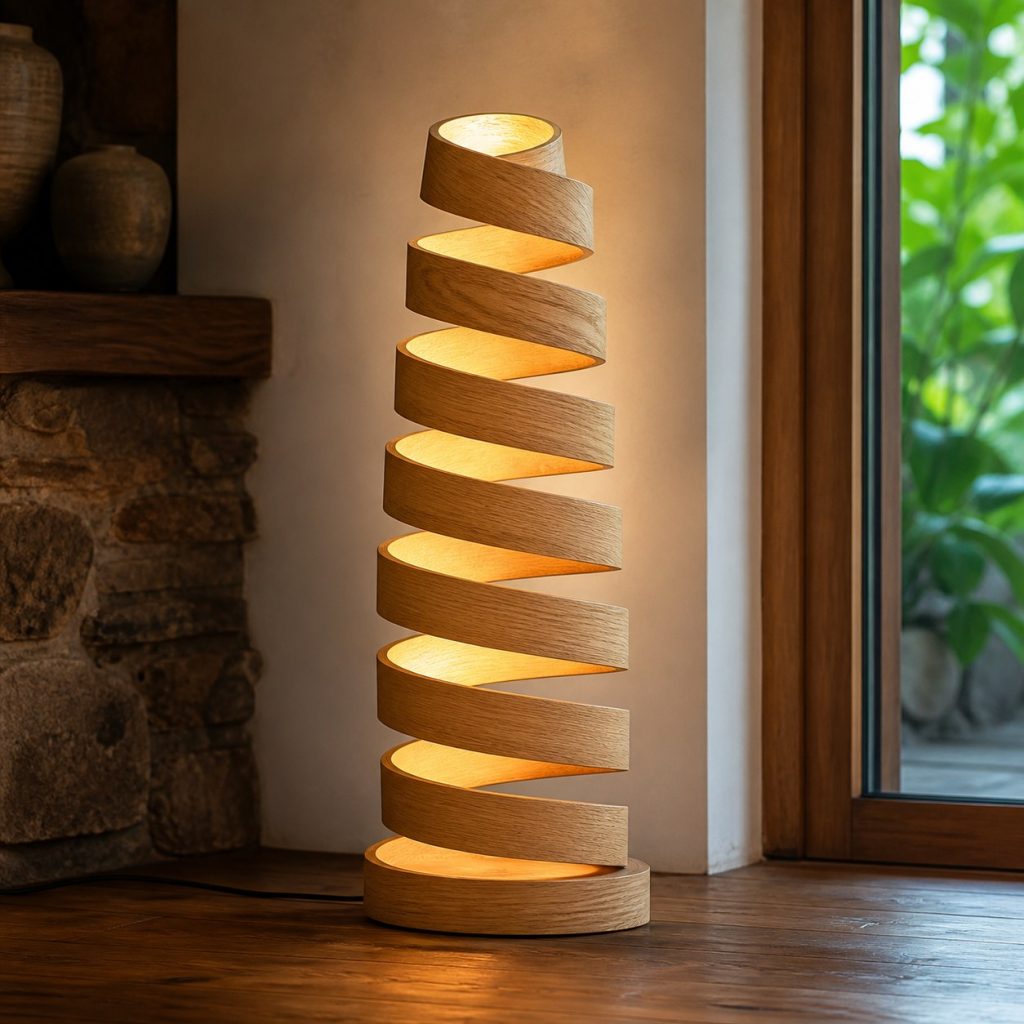 Stacked Oak Spiral Lamp shown as an original square photorealistic wooden spiral lamp with authentic wood grain, warm diffused light, and a short dark power cord