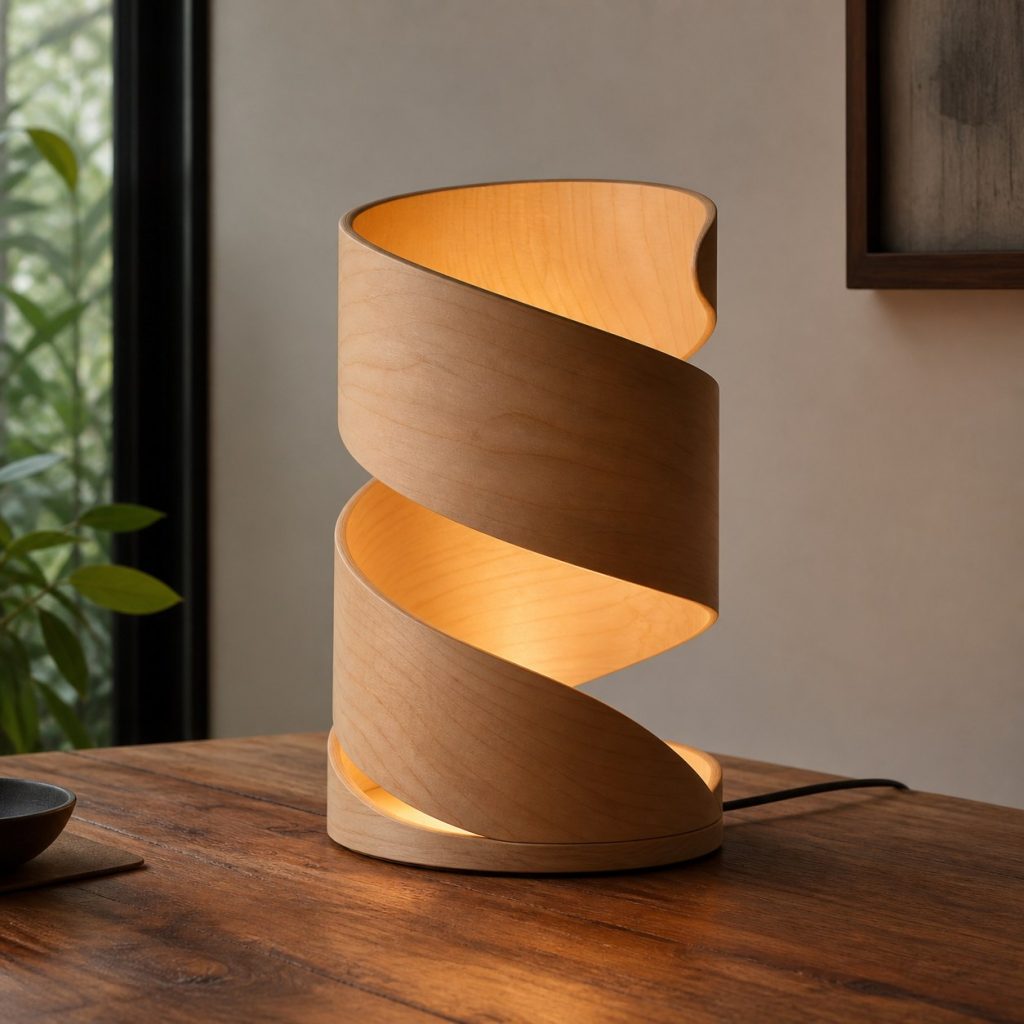Plywood Maple Spiral Lamp shown as an original square photorealistic wooden spiral lamp with authentic wood grain, warm diffused light, and a short dark power cord