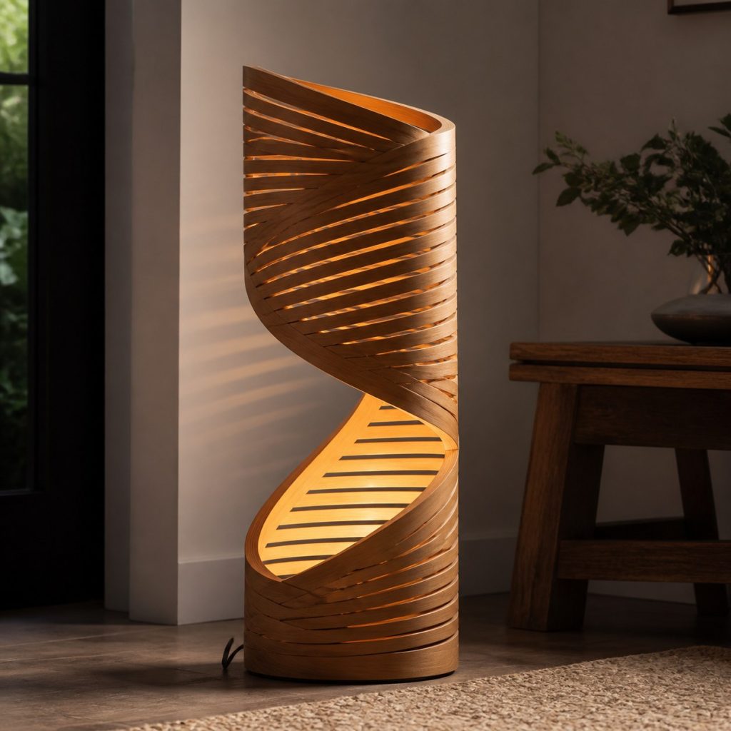 Slatted Cedar Spiral Lantern shown as an original square photorealistic wooden spiral lamp with authentic wood grain, warm diffused light, and a short dark power cord