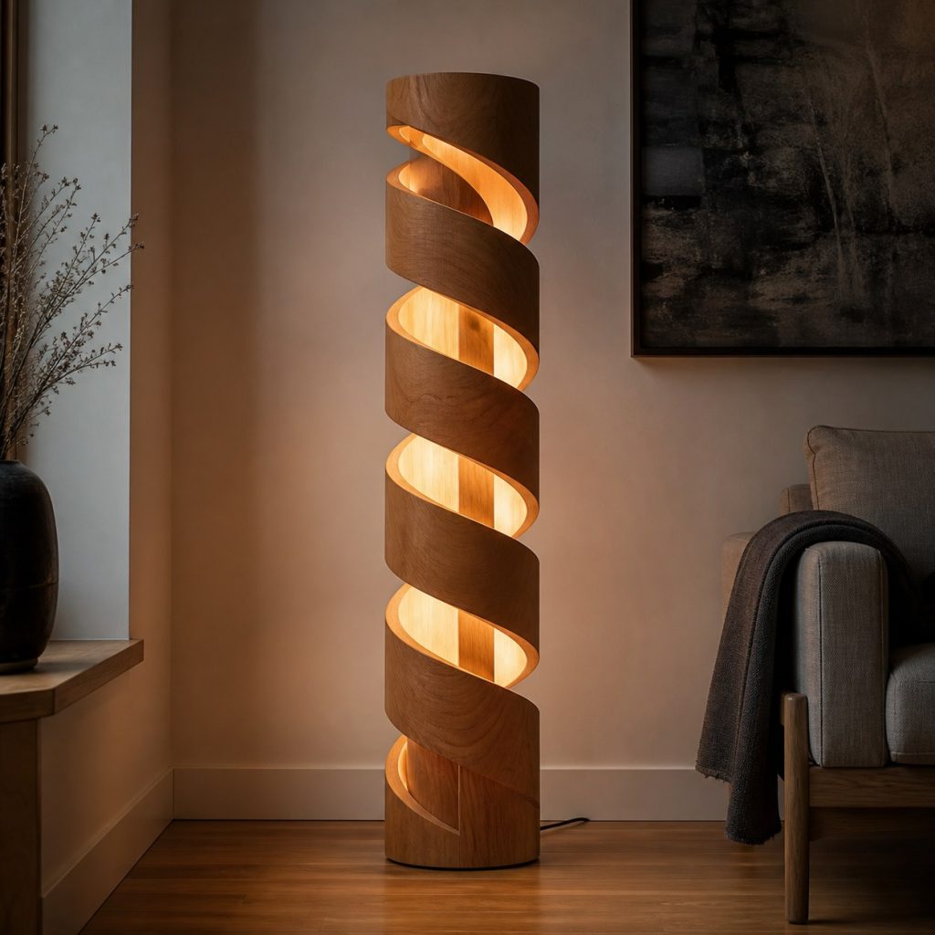 Turned Cherry Spiral Column shown as an original square photorealistic wooden spiral lamp with authentic wood grain, warm diffused light, and a short dark power cord