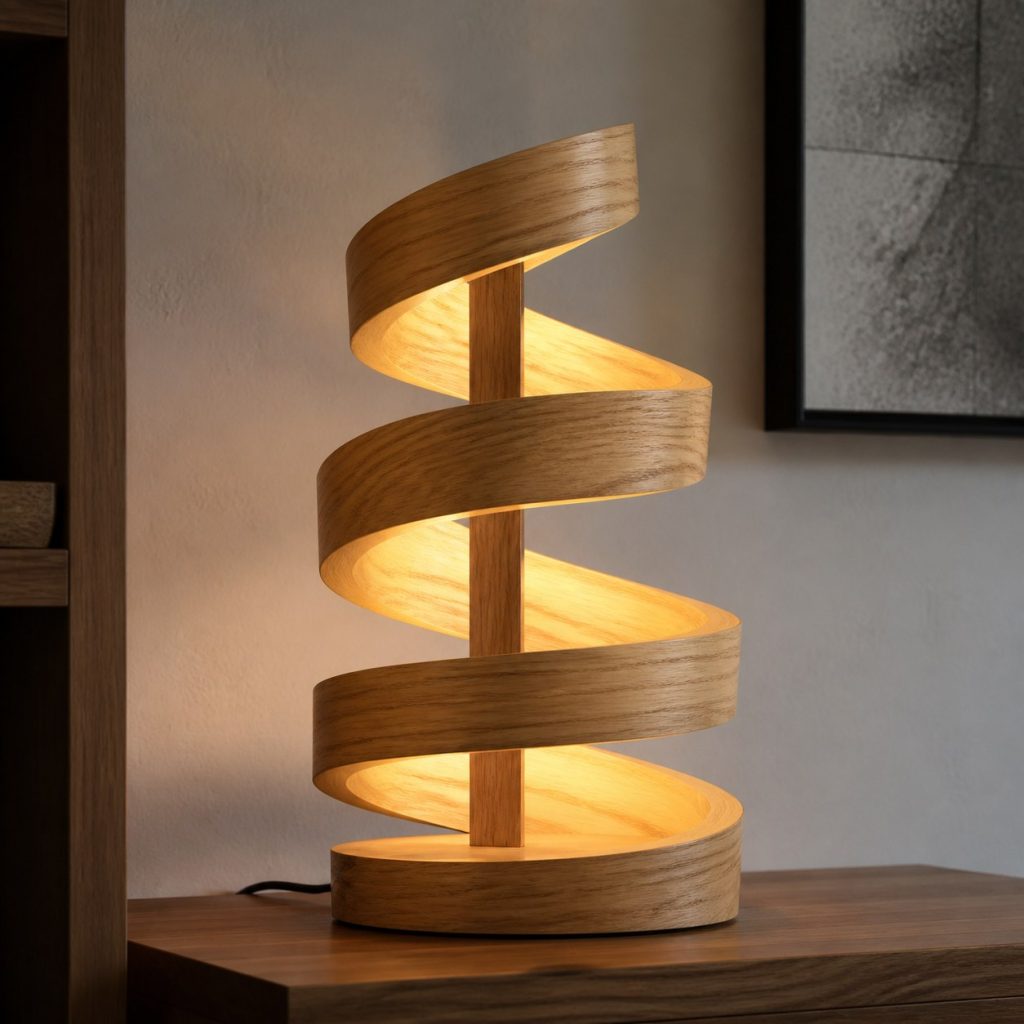 Open-Ribbon Oak Spiral Lamp shown as an original square photorealistic wooden spiral lamp with authentic wood grain, warm diffused light, and a short dark power cord