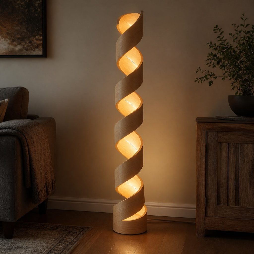 Tall Ash Spiral Floor Lamp shown as an original square photorealistic wooden spiral lamp with authentic wood grain, warm diffused light, and a short dark power cord