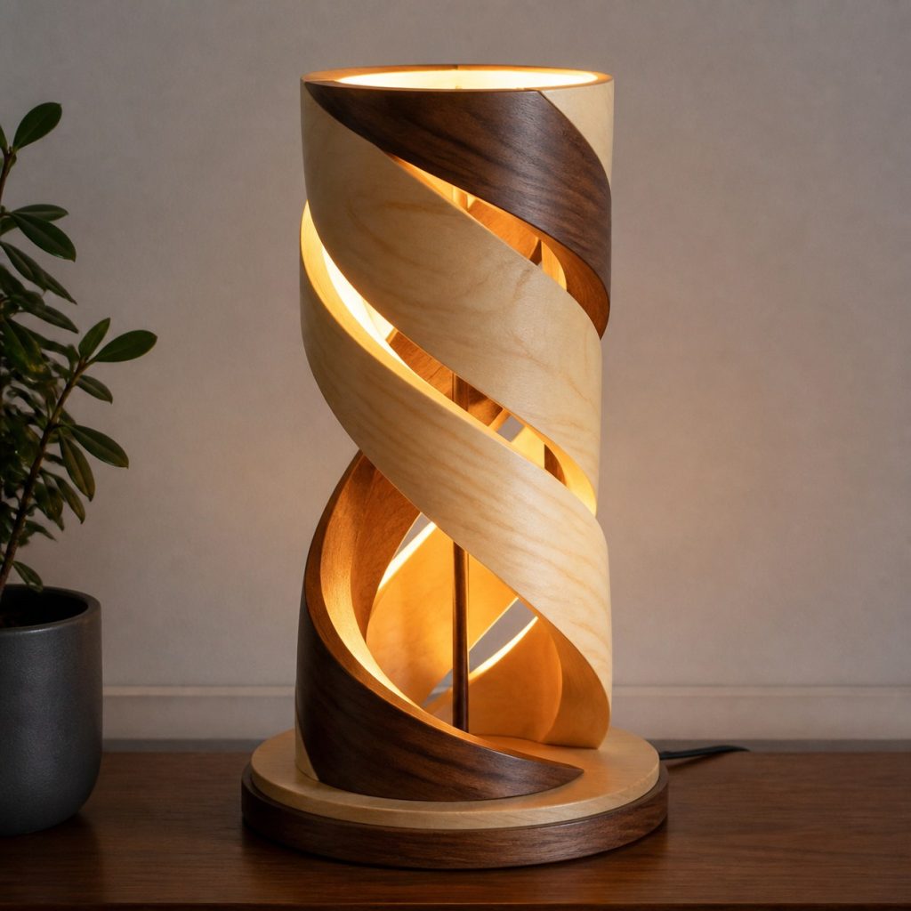 Walnut and Maple Double Spiral shown as an original square photorealistic wooden spiral lamp with authentic wood grain, warm diffused light, and a short dark power cord