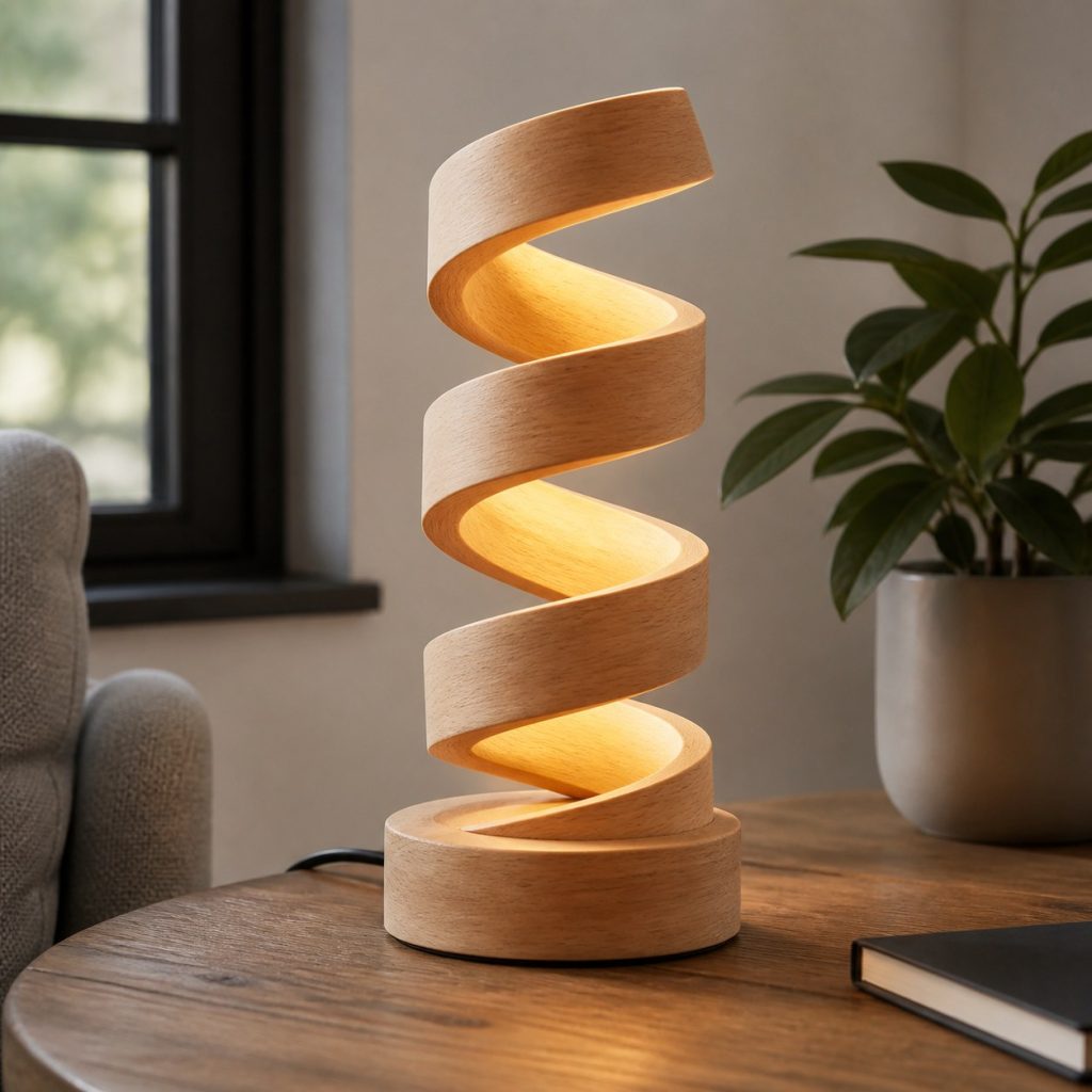 Compact Beech Spiral Lamp shown as an original square photorealistic wooden spiral lamp with authentic wood grain, warm diffused light, and a short dark power cord