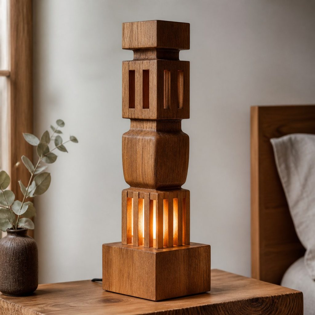 Carved Oak Abstract Totem Lamp shown as an original square photorealistic abstract stacked wooden totem lamp with authentic wood grain, warm diffused light, and a short dark power cord