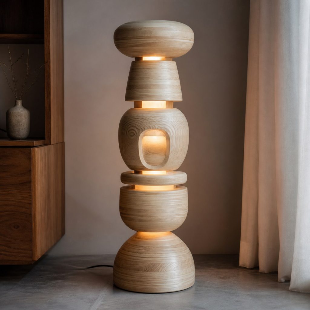 Laminated Ash Totem Lamp shown as an original square photorealistic abstract stacked wooden totem lamp with authentic wood grain, warm diffused light, and a short dark power cord