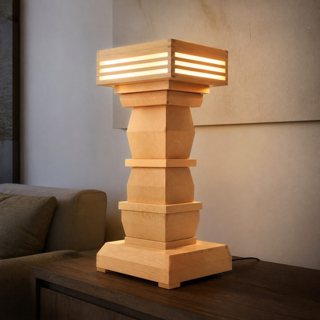 Geometric Maple Totem Lamp shown as an original square photorealistic abstract stacked wooden totem lamp with authentic wood grain, warm diffused light, and a short dark power cord