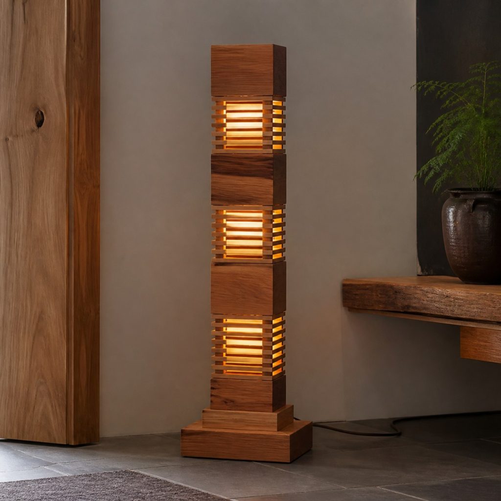 Slatted Cedar Totem Lantern shown as an original square photorealistic abstract stacked wooden totem lamp with authentic wood grain, warm diffused light, and a short dark power cord