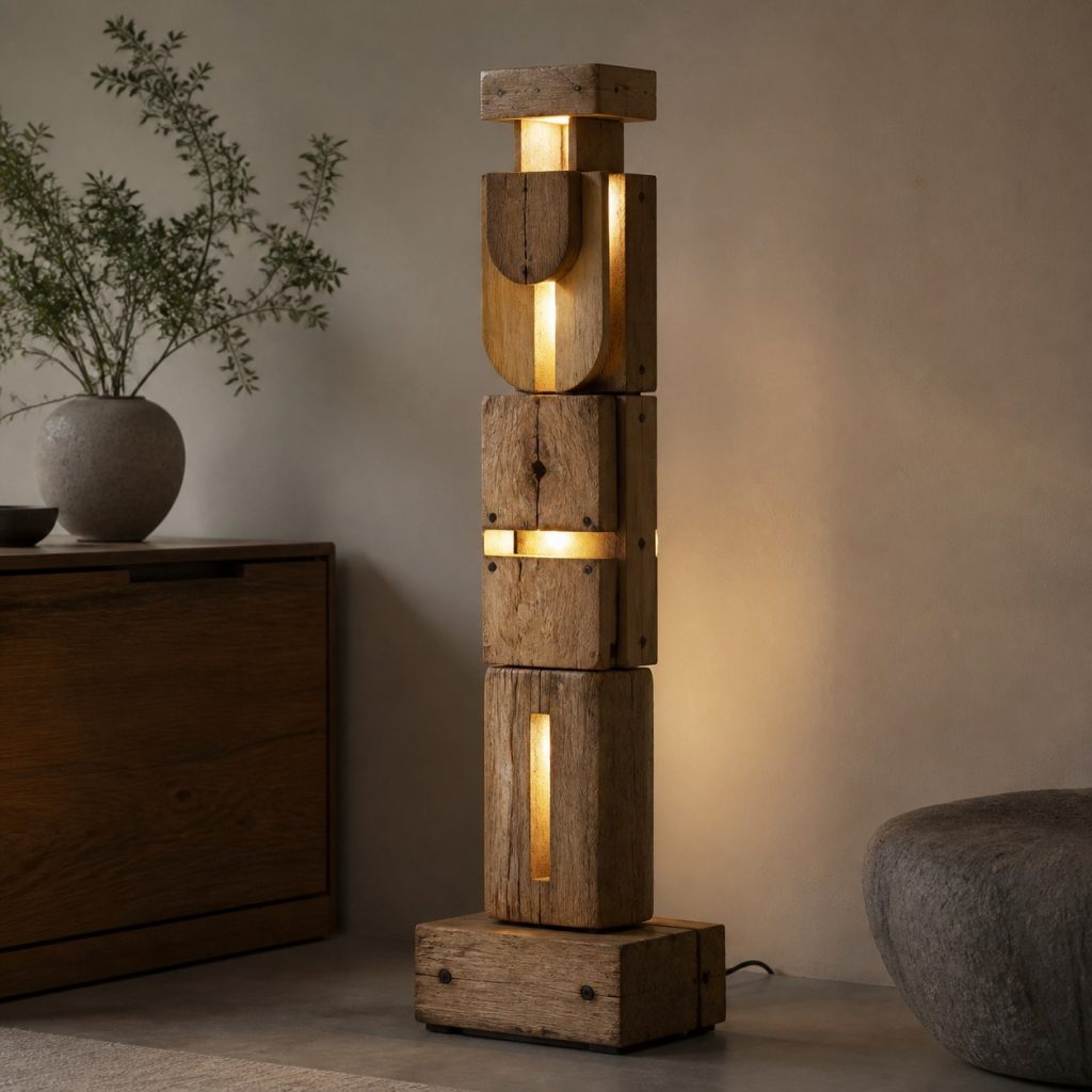 Reclaimed Timber Totem Lamp shown as an original square photorealistic abstract stacked wooden totem lamp with authentic wood grain, warm diffused light, and a short dark power cord