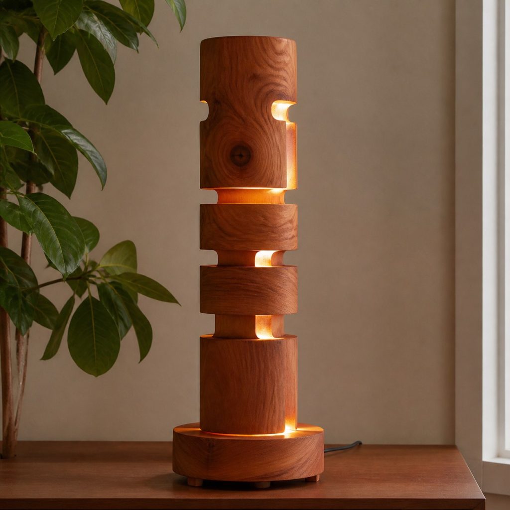 Turned Cherry Totem Lamp shown as an original square photorealistic abstract stacked wooden totem lamp with authentic wood grain, warm diffused light, and a short dark power cord