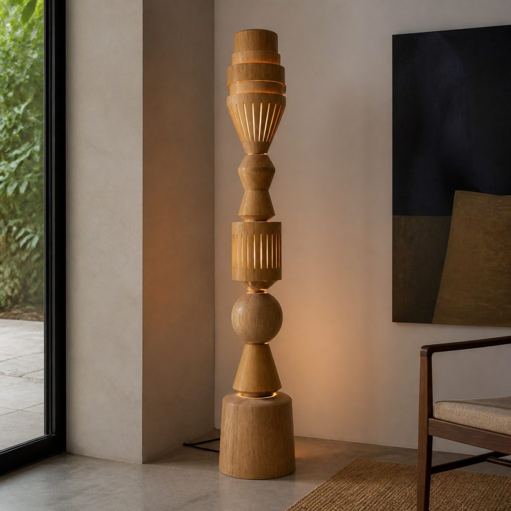 Tall Oak Totem Floor Lamp shown as an original square photorealistic abstract stacked wooden totem lamp with authentic wood grain, warm diffused light, and a short dark power cord