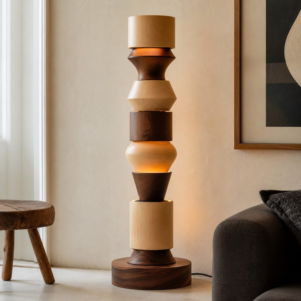 Walnut and Maple Totem Lamp shown as an original square photorealistic abstract stacked wooden totem lamp with authentic wood grain, warm diffused light, and a short dark power cord
