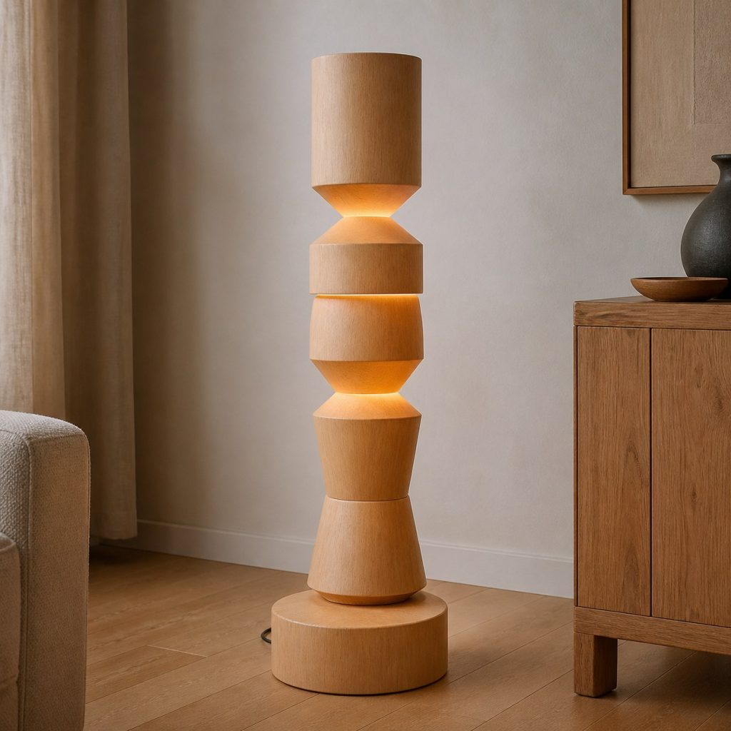 Compact Beech Totem Lamp shown as an original square photorealistic abstract stacked wooden totem lamp with authentic wood grain, warm diffused light, and a short dark power cord