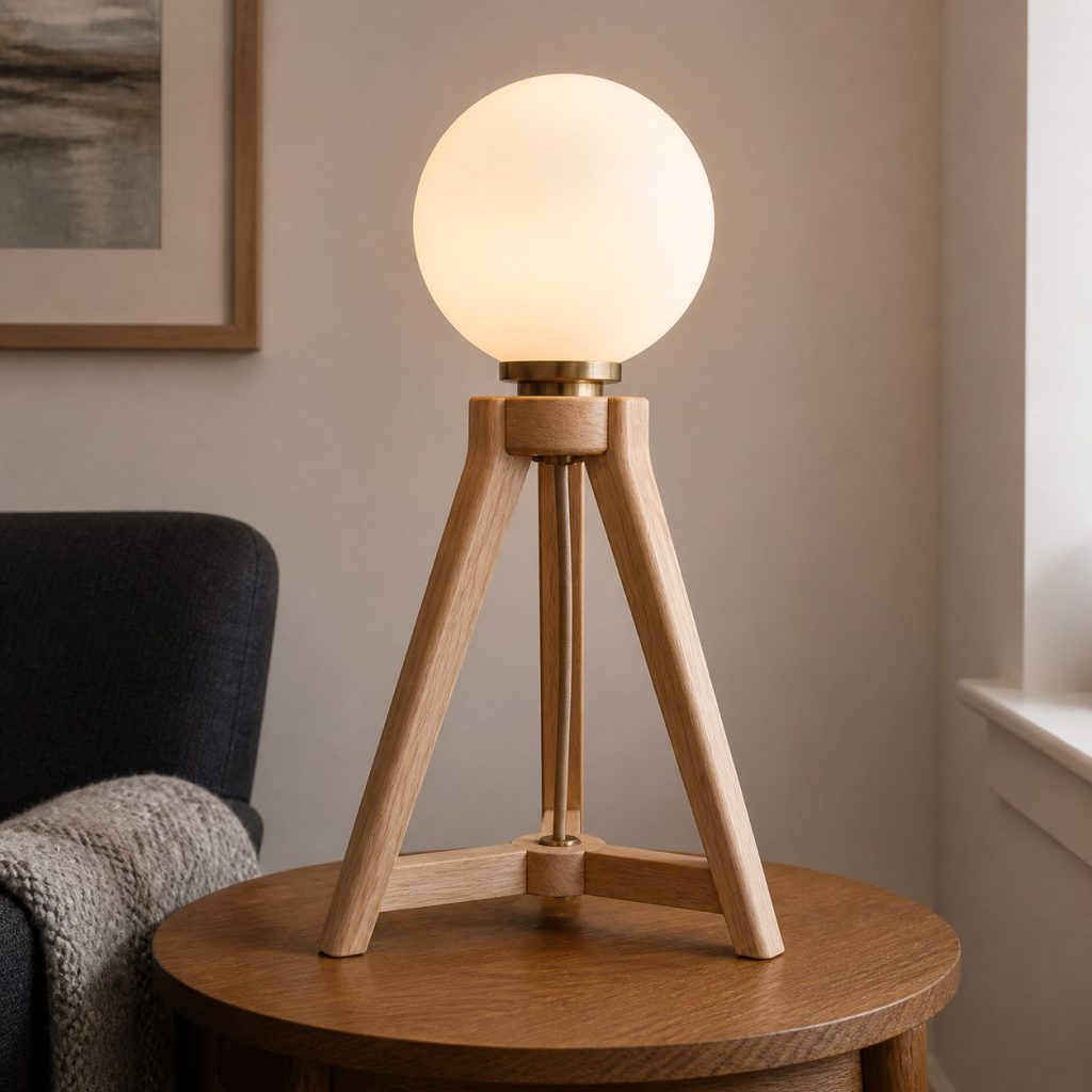 White-Oak Tripod Globe Lamp shown as a square photorealistic original wooden tripod lamp with warm LED light, visible real wood grain, and physically plausible support
