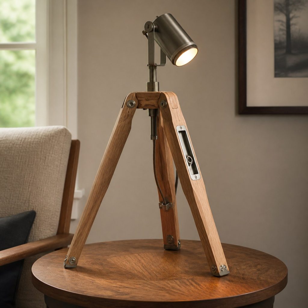 Ash Surveyor-Inspired Table Lamp shown as a square photorealistic original wooden tripod lamp with warm LED light, visible real wood grain, and physically plausible support