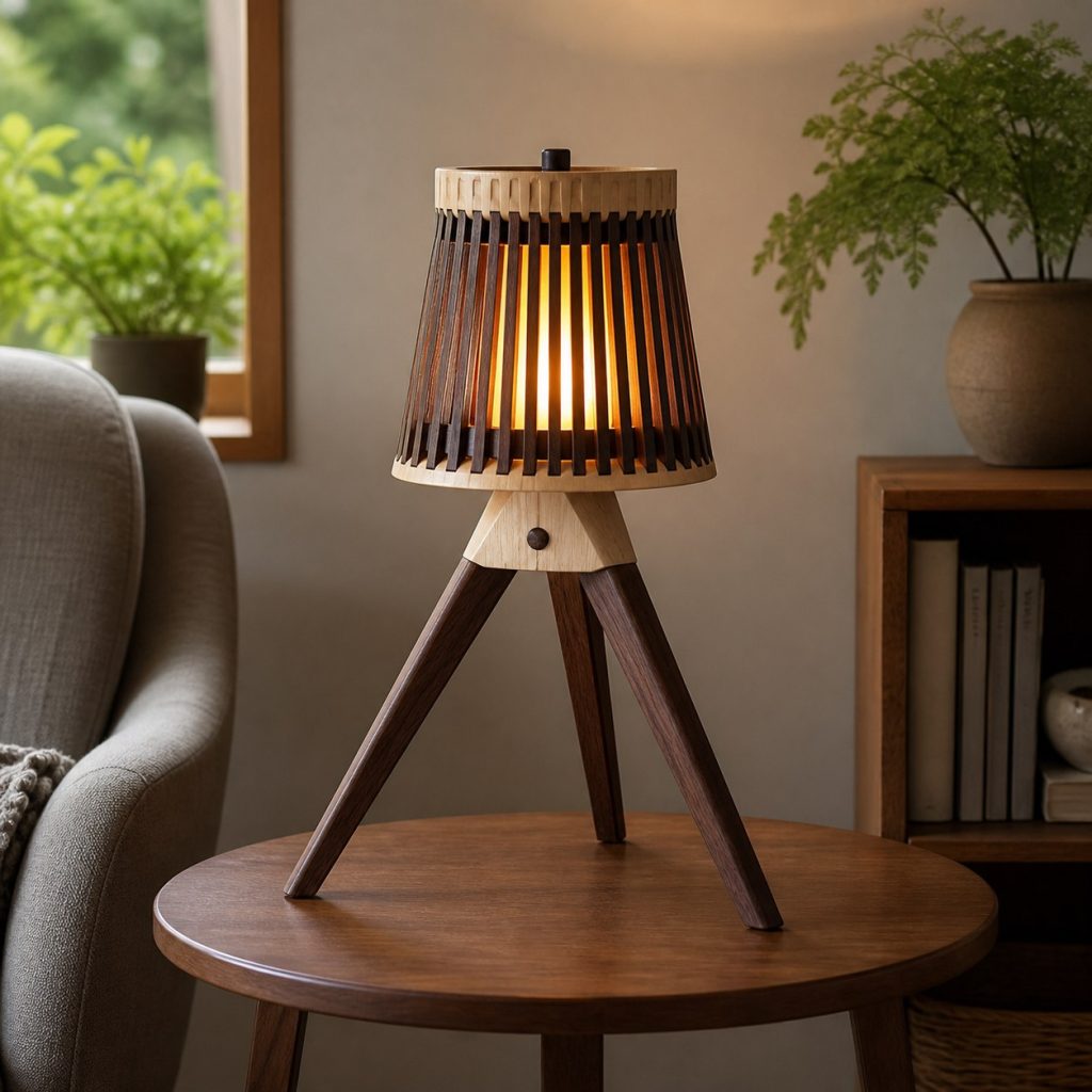 Two-Tone Tripod Lantern shown as a square photorealistic original wooden tripod lamp with warm LED light, visible real wood grain, and physically plausible support